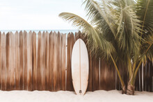 Surfboard Near A Wooden Fence On The Beach.