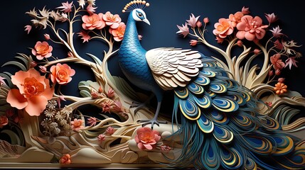 Wall Mural - Peacock on branch wallpaper. colorful flowers 3d mural background. wall canvas poster art
