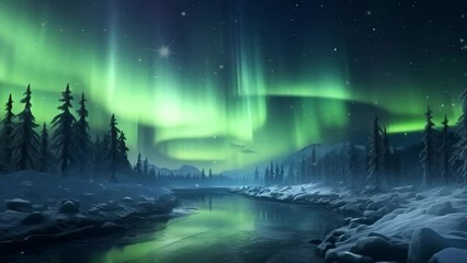 snowy natural scenery at night with aurora sky. a beautiful green and red aurora dancing over the hi