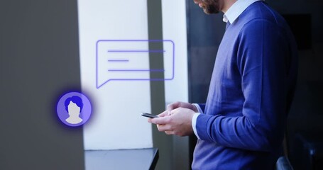Poster - Animation of profile icon and message box, caucasian man using cellphone and looking through window
