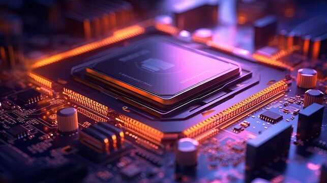 close-up of neon-lit computer Processor or graphics card, hardware technology with neon led lights