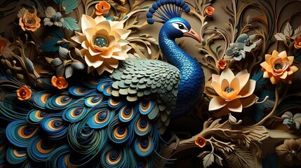 3D wall mural featuring a blue peacock and trees branch