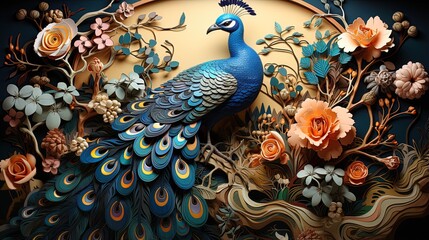 Wall Mural - A peacock made by quilling papers, simple color, 3D, This wallpaper is suitable for interior mural painting wall art decor, 3D background.
