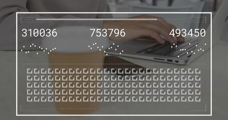 Wall Mural - Animation of graphs, numbers, loading bar and squares, midsection of caucasian man working on laptop