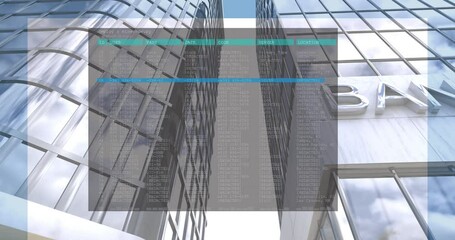 Poster - Animation of computer interface over bank text on modern building against sky