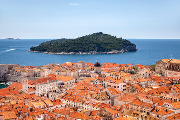 Canvas Print - View of the Old City of Dubrovnik, Croatia, with the Island Lokrum and Dubrovnik Cathedral