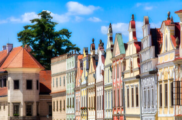 Sticker - Charming and Colorful Facades by the City Square in the Beautiful City of Telc in the Czech Republic