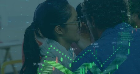 Poster - Animation of graphs with numbers over diverse woman whispering in ear of coworker