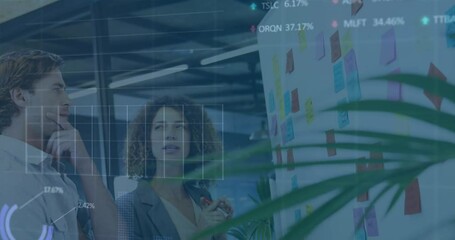 Poster - Animation of multiple graphs and trading boards over diverse coworkers sharing ideas in office