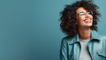 Wall Mural - woman in denim jacket and curly hair with glasses laughing on blue background