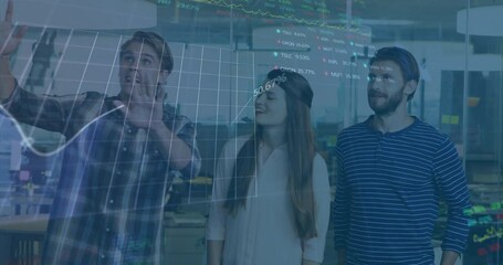 Poster - Animation of multiple graphs and trading boards over caucasian coworkers discussing in office