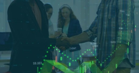 Poster - Animation of graphs with changing numbers over diverse coworkers shaking hands in office
