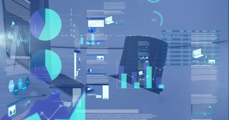 Animation of graphs, loading circles and trading board, unoccupied chair and computer in office
