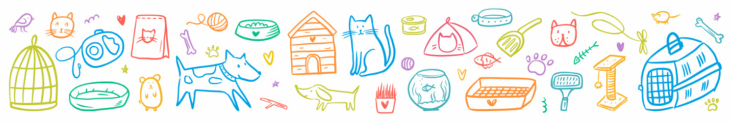 Wall Mural - Vector horizontal collection of objects for pets, hand-drawn in the style of doodles.