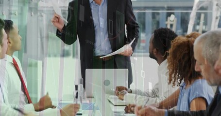 Poster - Animation of multiple graphs, changing numbers, diverse manager distributing reports to coworkers
