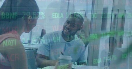 Poster - Animation of multicolored trading board, diverse coworkers discussing and drinking coffee