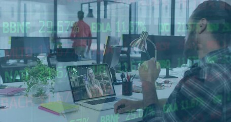 Poster - Animation of trading board over diverse coworkers discussing through video call on laptop