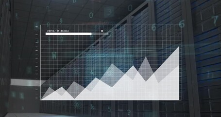 Poster - Animation of graphs, loading bars, text, letters, symbols, numbers over data server room