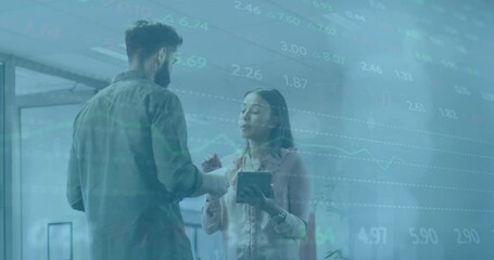 Poster - Animation of graphs and trading board over diverse coworkers standing and discussing in office