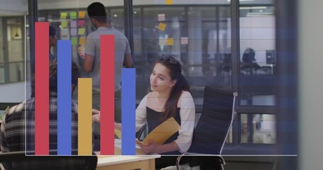 Poster - Animation of multicolored bar graph over diverse coworkers sharing ideas on desk in office