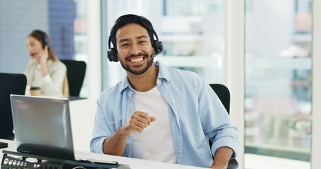 Poster - Business man, portrait and call center, communication or happy consultant on laptop for customer service in office. Face, smile and asian agent or web advisor for solution and confidence in workspace