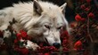  a white wolf with red eyes laying in a bed of red flowers.  generative ai