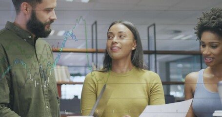 Poster - Animation of multiple graphs, changing numbers over diverse coworkers discussing report in office