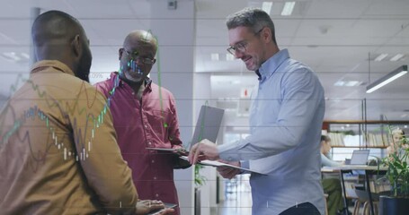 Poster - Animation of multiple graphs, changing numbers, diverse coworkers standing and discussing in office