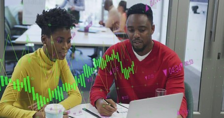 Poster - Animation of multiple graphs with changing numbers, african american coworkers discussing in office