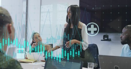 Poster - Animation of icons, graphs and changing numbers, diverse woman sharing ideas with coworkers