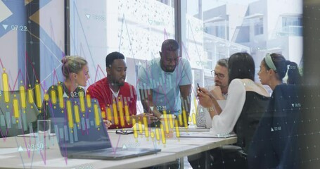 Poster - Animation of multiple graphs with changing numbers over diverse coworkers sharing ideas in office
