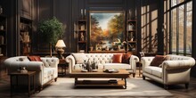 Beige Tufted Chesterfield Sofa And Brown Wing Chairs. Art Deco Interior Design Of Modern Living Room