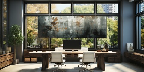 Poster - Grey business interior with computers and panoramic window. Mockup frame