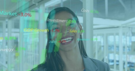Aufkleber - Animation of texts, graphs with changing numbers, smiling biracial woman standing in office