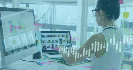 Aufkleber - Animation of graphs, changing numbers, asian woman working and looking at pictures on laptop