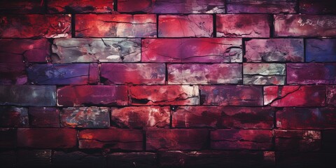 Magenta purple red brown green old brick wall. Toned colorful grunge background. Space. Design. Cracked, broken, crumbled. Color gradient