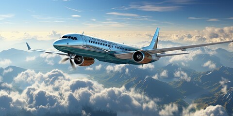 Wall Mural - Passenger airplane in the sky above the clouds, passenger airplane gear released takes off in sky, beautiful panoramic background with flying plane in blue sky