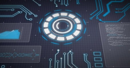 Poster - Animation of arc reactor, graphs, computer language and circuit board pattern over black background