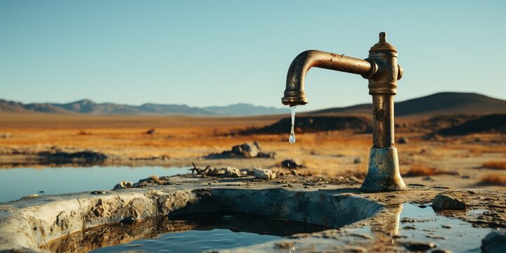 Lonely water faucet in the desert, desert without water, faucet in the desert