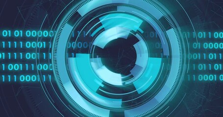 Poster - Animation of loading circles, binary codes and connected dots over black background