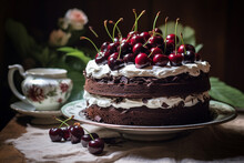 Decadent Black Forest Cake, Adorned With A Generous Garnish Of Juicy Cherries, Tempts The Taste Buds With Its Rich Chocolate Layers And Luscious Whipped Cream Frosting