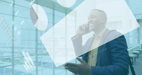 Poster - Animation of infographic interface over diverse entrepreneurs walking and talking on cellphone