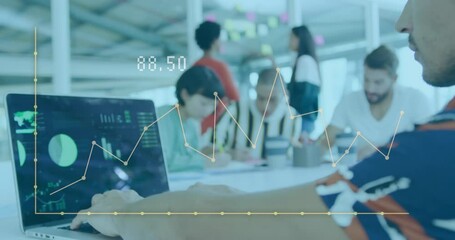 Poster - Animation of graph and changing numbers over caucasian man analyzing reports on laptop