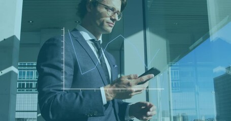 Wall Mural - Animation of graph over caucasian man standing and placing call using smartphone in office