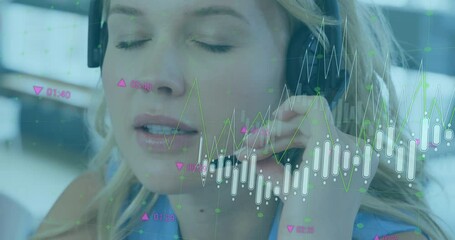Poster - Animation of graphs, changing numbers over caucasian customer representative taking with customer