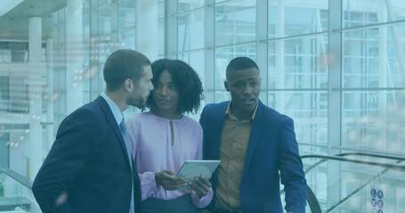 Poster - Animation of map and computer language over diverse coworkers discussing and pointing in office