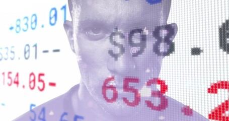 Poster - Animation of trading board, symbols, thumbs up icon, biracial man portrait against white background