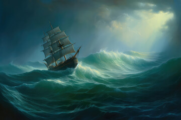 Wall Mural - Large ship sailing the ocean, oil painting art . Generative AI