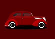 Vector Illustration Of Red Classic Bug Car On Maroon Background.
