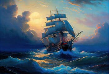 Wall Mural - Large ship sailing the ocean, oil painting art . Generative AI